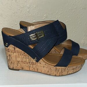 Tommy Hilfiger Navy Blue Wedge Sandals with Tan Cork Heel size 8.5